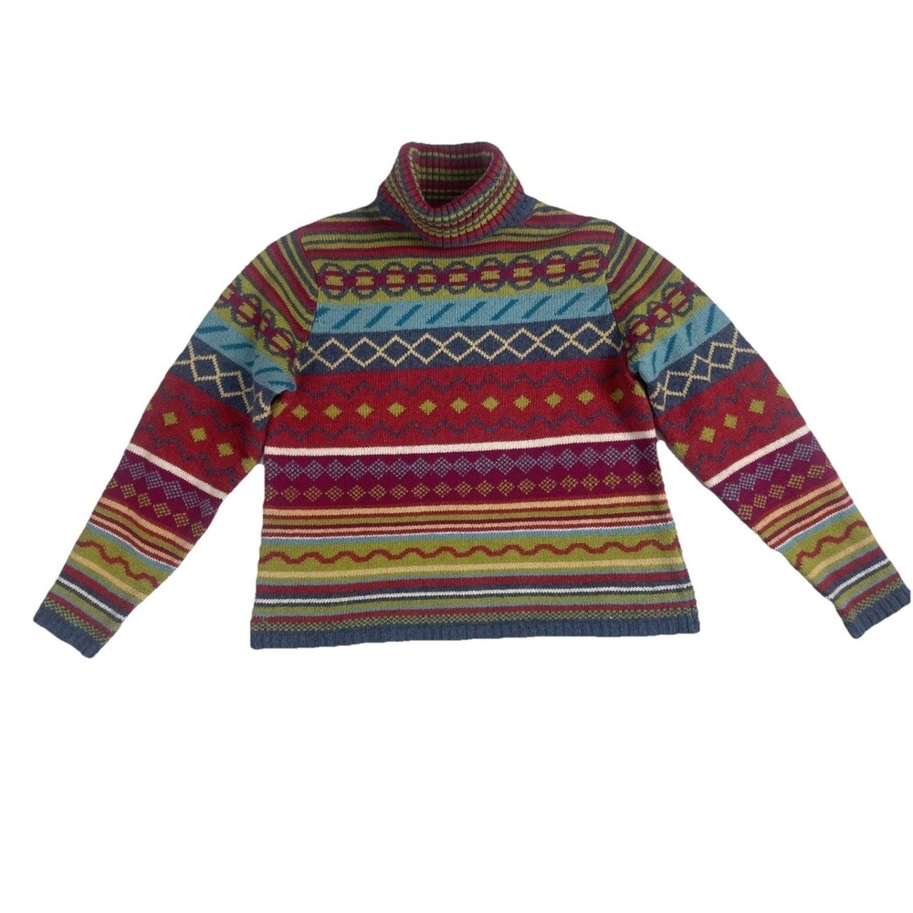Vtg Y2K Rainbow Fair Isle Turtleneck Sweater - Bold Boho Ski Lodge Vibes Small